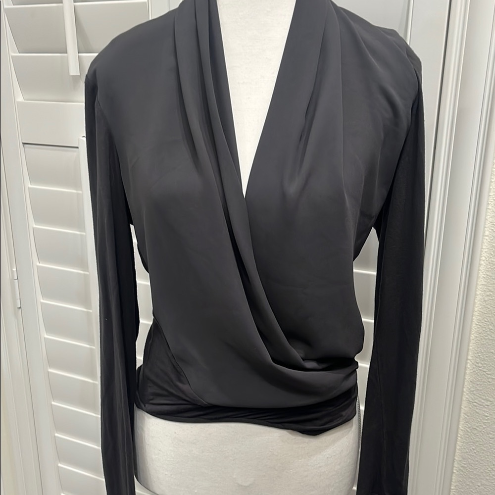 Bebe Gray Wrap Long Sleeve Bodysuit